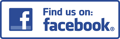 Blue and white image that says "Find us on: Facebook"