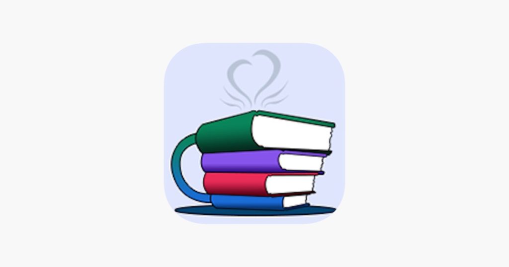 A stack of books in the vague shape of a mug, with a curling heart made out of steam above them.