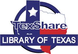 Red, white and blue image of Texas in front of a blue circle. Across the state are written the words "TexShare: Library of Texas"